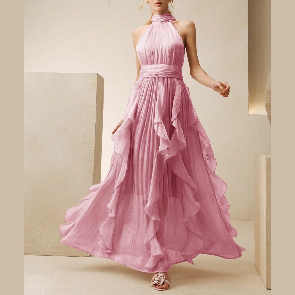 Pink Technical Organza Halter Neck Ruffle Tiered A-Line Maxi Dress